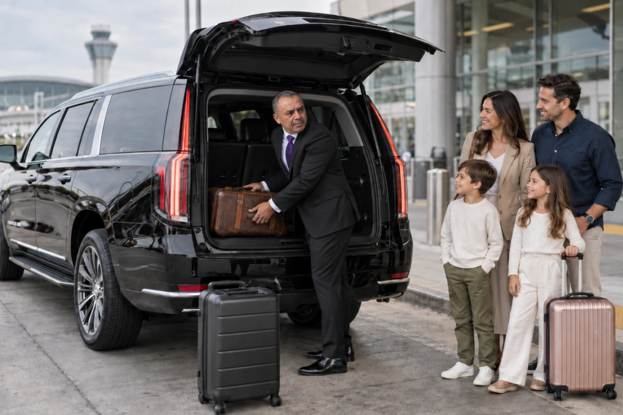 Passenger in purple dress stepping out of black executive SUV with chauffeur assisting